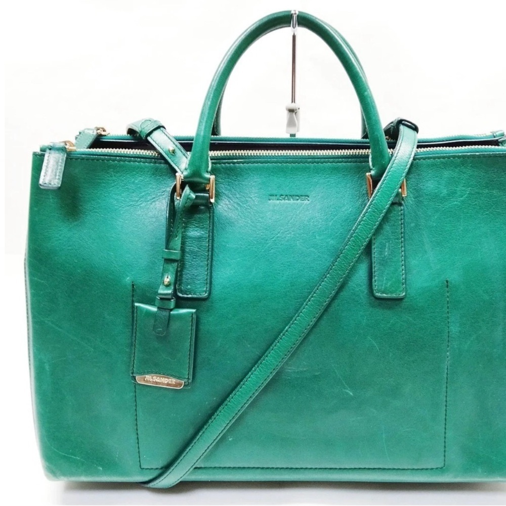 Jil Sander Emerald Green Leather Satchel Large
